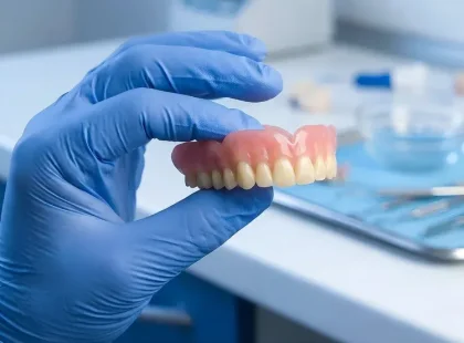 gloved hand holding upper denture model